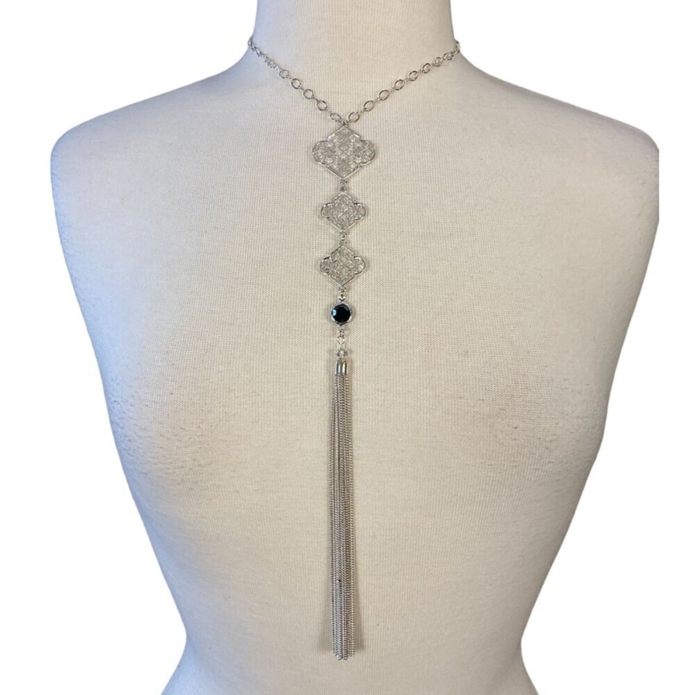 Unbranded Silver Tone 19in Stacked Filigree Medallions Necklace Faux Gem Tassel